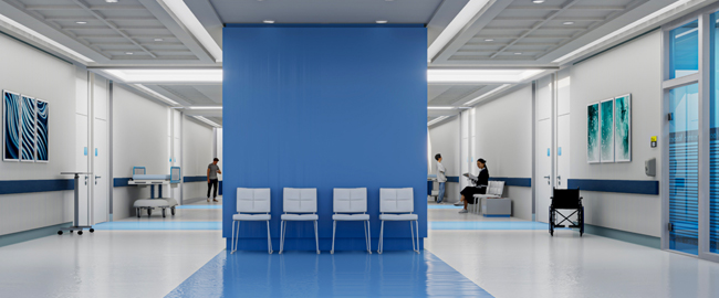 Modern NJ hospital waiting area with blue accents and seating